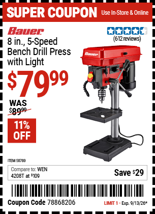 www.hfqpdb.com - BAUER 8 IN., 5-SPEED BENCH DRILL PRESS WITH LIGHT Lot No. 58780