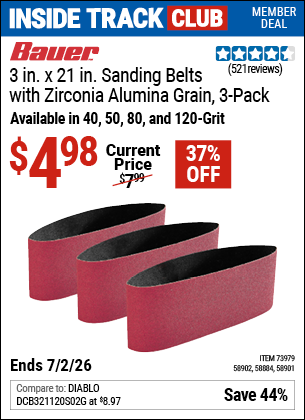 www.hfqpdb.com - BAUER 3 IN. X 21 IN. SANDING BELTS WITH ZIRCONIA ALUMINA GRAIN, 3-PACK Lot No. 58884/58902/58901/73979