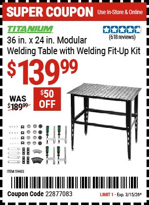 www.hfqpdb.com - TITANIUM 36 IN. X 24 IN. MODULAR WELDING TABLE WITH WELDING FIT-UP KIT Lot No. 59403