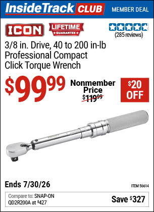 www.hfqpdb.com - ICON 3/8 IN. DRIVE, 40 TO 200 IN-LB PROFESSIONAL COMPACT CLICK TORQUE WRENCH Lot No. 56614