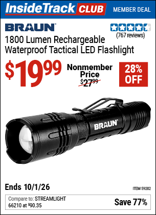www.hfqpdb.com - BRAUN 1800 LUMEN RECHARGEABLE WATERPROOF TACTICAL LED FLASHLIGHT Lot No. 59282