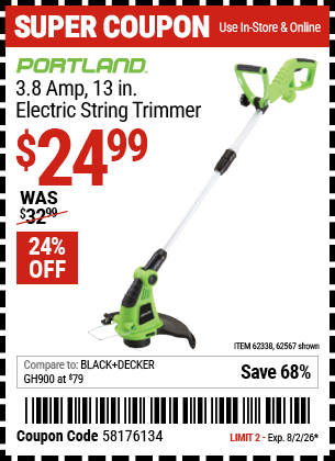 www.hfqpdb.com - PORTLAND 3.8 AMP, 13 IN. ELECTRIC STRING TRIMMER Lot No. 62338/63387/62567
