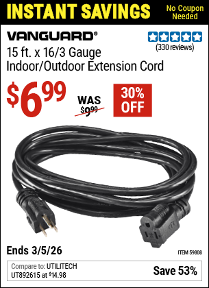 Harbor Freight VANGUARD 15 FT. X 16/3 GAUGE INDOOR/OUTDOOR EXTENSION CORD, BLACK coupon