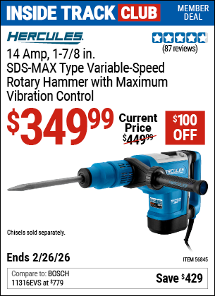 Harbor Freight HERCULES 14 AMP, 1-7/8 IN. SDS-MAX TYPE VARIABLE-SPEED ROTARY HAMMER WITH MAXIMUM VIBRATION CONTROL coupon