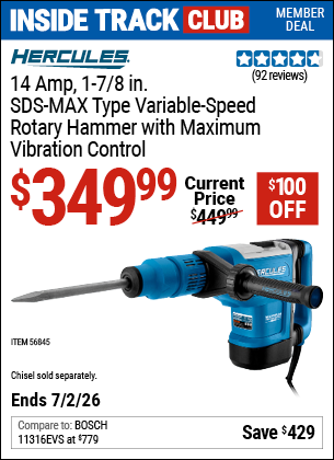 www.hfqpdb.com - HERCULES 14 AMP, 1-7/8 IN. SDS-MAX TYPE VARIABLE-SPEED ROTARY HAMMER WITH MAXIMUM VIBRATION CONTROL Lot No. 56845