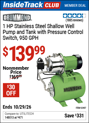 www.hfqpdb.com - DRUMMOND 1 HP STAINLESS STEEL SHALLOW WELL PUMP AND TANK WITH PRESSURE CONTROL SWITCH, 950 GPH Lot No. 63407