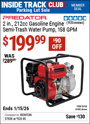 Harbor Freight PREDATOR 2 IN., 212CC GASOLINE ENGINE SEMI-TRASH WATER PUMP, 158 GPM coupon