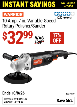 www.hfqpdb.com - WARRIOR 10 AMP, 7 IN. VARIABLE-SPEED ROTARY POLISHER/SANDER Lot No. 70589