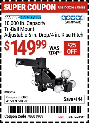 Harbor Freight HAUL-MASTER TRIPLE-BALL MOUNT ADJUSTABLE 6 IN. DROP/4 IN. RISE HITCH coupon