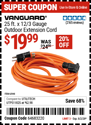 www.hfqpdb.com - VANGUARD 25 FT. X 12/3 GAUGE OUTDOOR EXTENSION CORD, ORANGE Lot No. 62948