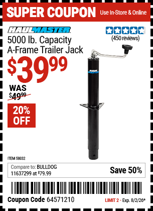 www.hfqpdb.com - HAUL-MASTER 5000 LB. CAPACITY A-FRAME TRAILER JACK Lot No. 58032
