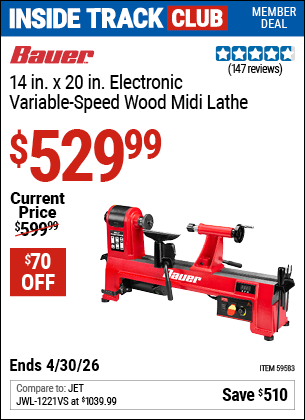 www.hfqpdb.com - BAUER 14 IN. X 20 IN. ELECTRONIC VARIABLE-SPEED WOOD MIDI LATHE Lot No. 59583