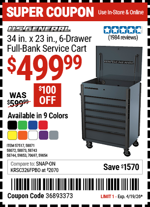 Harbor Freight U.S. GENERAL 34 IN. X 23 IN., 6-DRAWER FULL-BANK SERVICE CART coupon