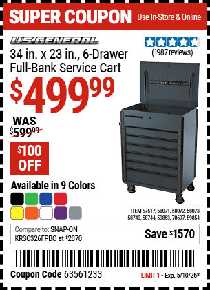 Harbor Freight U.S. GENERAL 34 IN. X 23 IN., 6-DRAWER FULL-BANK SERVICE CART coupon