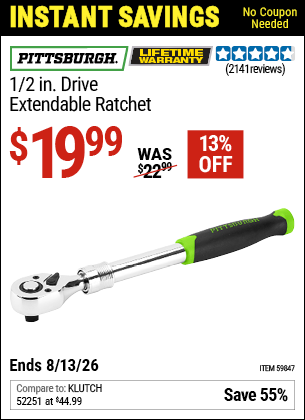 www.hfqpdb.com - PITTSBURGH 1/2 IN. DRIVE EXTENDABLE RATCHET Lot No. 62311/59847