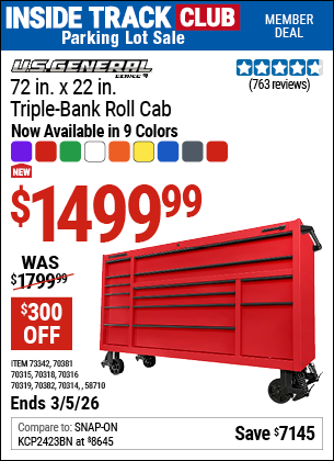 Harbor Freight U.S. GENERAL 72 IN. X 22 IN. TRIPLE-BANK ROLL CAB, SERIES 3 coupon