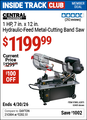 www.hfqpdb.com - CENTRAL MACHINERY 1 HP, 7 IN. X 12 IN. HYDRAULIC-FEED METAL-CUTTING BAND SAW Lot No. 63469/97009/62875