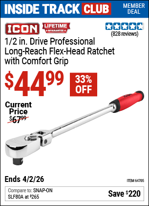 www.hfqpdb.com - ICON 1/2 IN. DRIVE PROFESSIONAL LONG-REACH FLEX-HEAD RATCHET WITH COMFORT GRIP Lot No. 64705