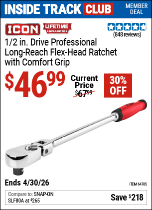 www.hfqpdb.com - ICON 1/2 IN. DRIVE PROFESSIONAL LONG-REACH FLEX-HEAD RATCHET WITH COMFORT GRIP Lot No. 64705