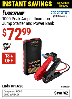 www.hfqpdb.com - VIKING 1000 PEAK AMP LITHIUM-ION JUMP STARTER AND POWER BANK Lot No. 59527