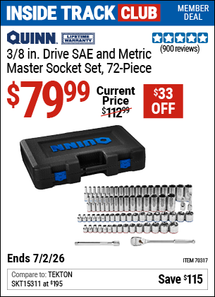 www.hfqpdb.com - QUINN 3/8 IN. DRIVE SAE AND METRIC MASTER SOCKET SET, 72-PIECE Lot No. 70317