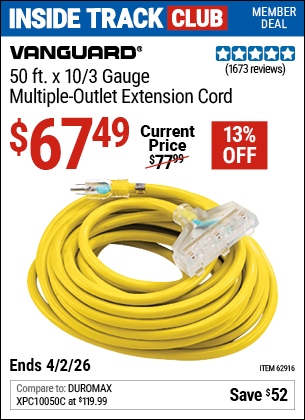 www.hfqpdb.com - VANGUARD 50 FT. X 10/3 GAUGE MULTIPLE OUTLET EXTENSION CORD, YELLOW Lot No. 62916