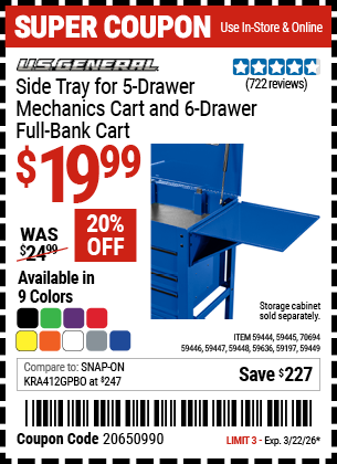 www.hfqpdb.com - U.S. GENERAL SIDE TRAY FOR 5-DRAWER MECHANICS CART AND 6-DRAWER FULL-BANK CART Lot No. 59197/70694/59446/59447/59448/59449/59445/59444/59636
