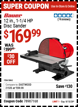 www.hfqpdb.com - BAUER 12 IN., 1-1/4 HP DISC SANDER Lot No. 58862