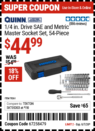 Harbor Freight QUINN 1/4 IN. DRIVE SAE AND METRIC MASTER SOCKET SET, 54-PIECE coupon