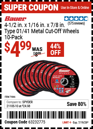 www.hfqpdb.com - BAUER 4-1/2 IN. X 1/16 IN. X 7/8 IN., TYPE 01/41 METAL CUT-OFF WHEELS, 10-PACK Lot No. 71066
