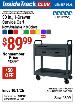 www.hfqpdb.com - U.S. GENERAL 30 IN., 1-DRAWER SERVICE CART Lot No. 59851/71212/71213/71214/71207/71215/71210/71208/74007