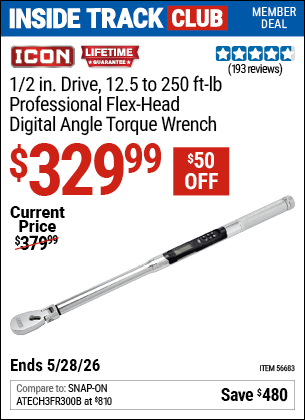 Harbor Freight ICON 1/2 IN. DRIVE, 12.5 TO 250 FT-LB PROFESSIONAL FLEX-HEAD DIGITAL ANGLE TORQUE WRENCH coupon