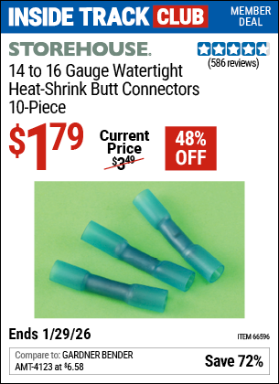 www.hfqpdb.com - STOREHOUSE 14 TO 16 GAUGE WATERTIGHT HEAT-SHRINK BUTT CONNECTORS, 10-PIECE Lot No. 66596