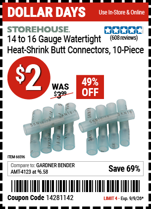www.hfqpdb.com - STOREHOUSE 14 TO 16 GAUGE WATERTIGHT HEAT-SHRINK BUTT CONNECTORS, 10-PIECE Lot No. 66596