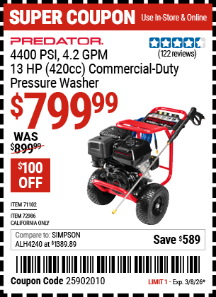 Harbor Freight PREDATOR 4400 PSI, 4.2 GPM, 13 HP (420CC) COMMERCIAL-DUTY PRESSURE WASHER coupon