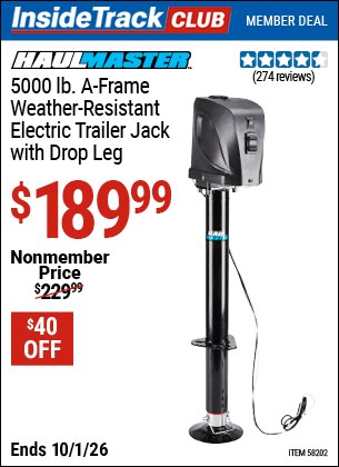 Harbor Freight HAUL-MASTER 5000 LB. A-FRAME WEATHER-RESISTANT ELECTRIC TRAILER JACK WITH DROP LEG coupon