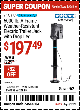 www.hfqpdb.com - HAUL-MASTER 5000 LB. A-FRAME WEATHER-RESISTANT ELECTRIC TRAILER JACK WITH DROP LEG Lot No. 58202