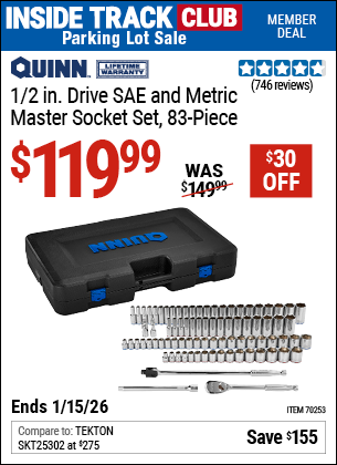 Harbor Freight QUINN 1/2 IN. DRIVE SAE AND METRIC MASTER SOCKET SET, 83-PIECE coupon