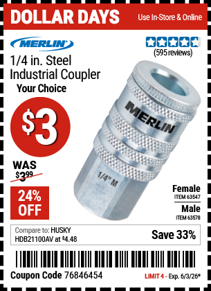 www.hfqpdb.com - MERLIN 1/4 IN. STEEL INDUSTRIAL COUPLER Lot No. 63547/63578