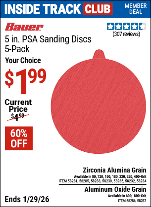 www.hfqpdb.com - BAUER 5 IN., PSA SANDING DISCS WITH ZIRCONIA ALUMINA GRAIN, 5-PACK Lot No. 58287/58286/58281/58234/58285/58233/58230/58235/58232