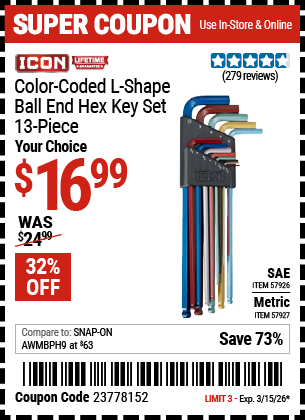www.hfqpdb.com - ICON SAE COLOR-CODED L-SHAPE BALL END HEX KEY SET, 13-PIECE Lot No. 57926/57927