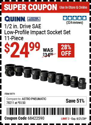 Harbor Freight QUINN 1/2 IN. DRIVE SAE LOW-PROFILE IMPACT SOCKET SET, 11-PIECE coupon