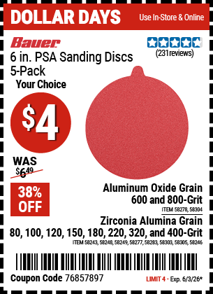 www.hfqpdb.com - BAUER 6 IN., PSA SANDING DISCS, 5-PACK Lot No. 58243/58246/58248/58249/58277/58278/58283/58303/58304/58305