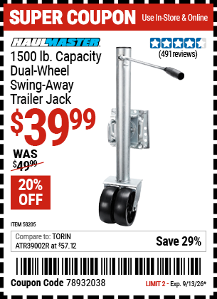 www.hfqpdb.com - HAUL-MASTER 1500 LB. CAPACITY DUAL-WHEEL SWING-AWAY TRAILER JACK Lot No. 58205