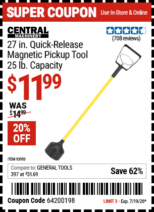 Harbor Freight CENTRAL MACHINERY 27 IN. QUICK-RELEASE MAGNETIC PICKUP TOOL, 25 LB. CAPACITY coupon