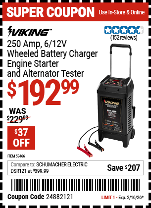 Harbor Freight VIKING 250 AMP, 6/12V WHEELED BATTERY CHARGER, ENGINE STARTER, AND ALTERNATOR TESTER coupon
