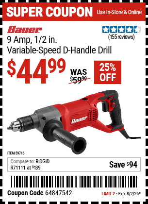 www.hfqpdb.com - BAUER 9 AMP, 1/2 IN. VARIABLE-SPEED D-HANDLE DRILL Lot No. 59716