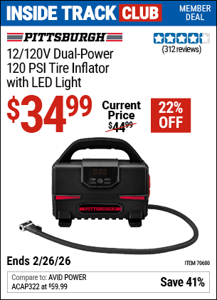 Harbor Freight PITTSBURGH 12/120V, DUAL-POWER, 120 PSI TIRE INFLATOR WITH LED LIGHT coupon