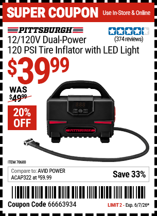 www.hfqpdb.com - PITTSBURGH 12/120V DUAL-POWER, 120 PSI TIRE INFLATOR WITH LED LIGHT Lot No. 70680