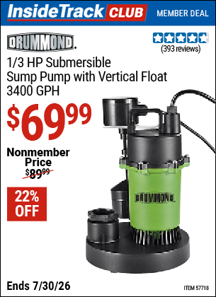 Harbor Freight DRUMMOND 1/3 HP SUBMERSIBLE SUMP PUMP WITH VERTICAL FLOAT, 3400 GPH coupon